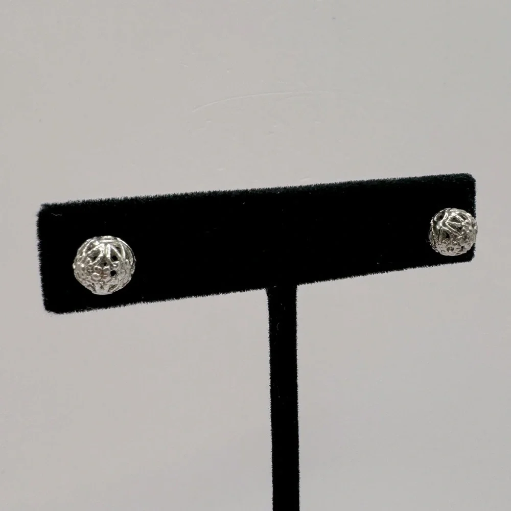 VINTAGE Silver-Tone Filigree Ball Earrings
